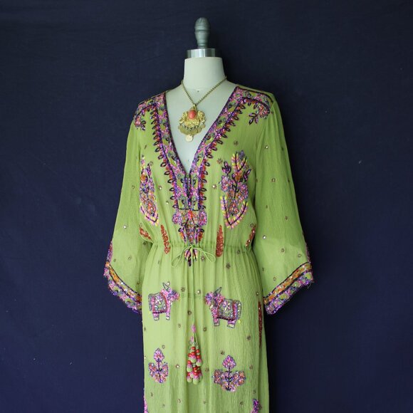 Calypso St. Barth silk Zakia beaded tunic caftan maxi dress kimono ethnic S - Picture 4 of 10